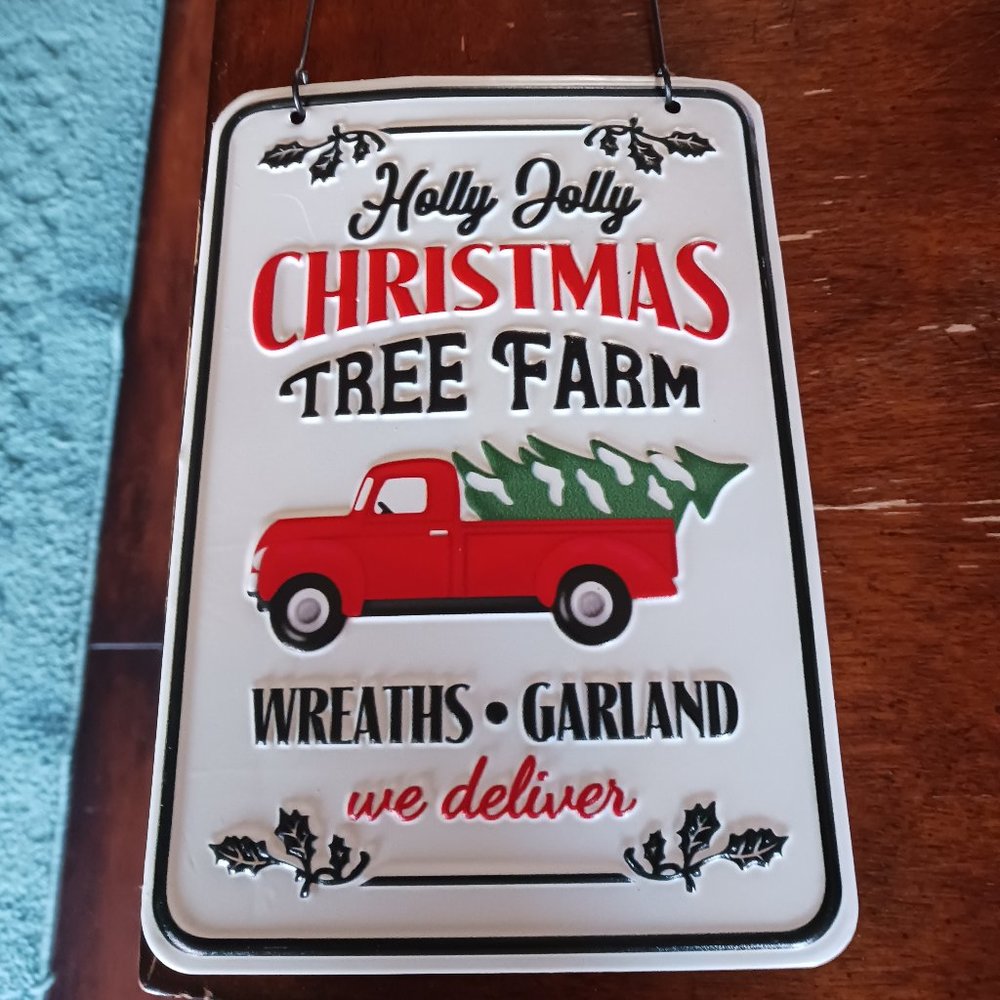 ADORABLE METAL HOLLY JOLLY CHRISTMAS TREE FARM SIGN